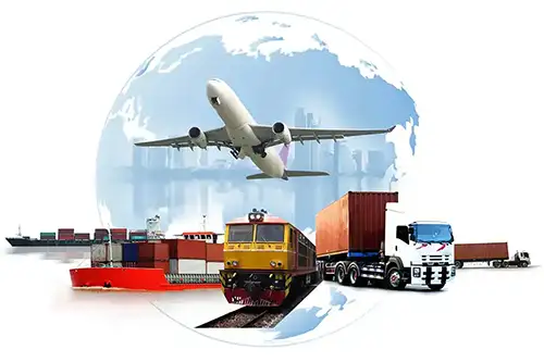 Imagen de varios medios de transporte, avión, barco, tren y camión